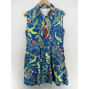 LIVRO Dress L Floral Bird Fit & Flare Button Front Mini Shirtdress Cotton Blue